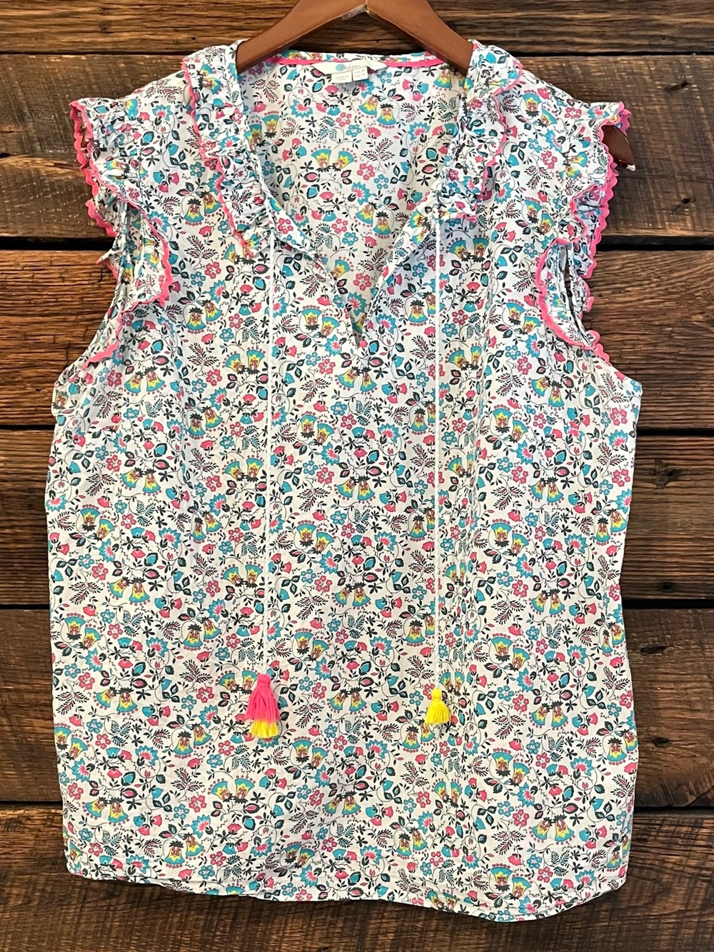 Boden ditsy floral Rick rack trim short sleeve blouse relaxed fit ruffled 14